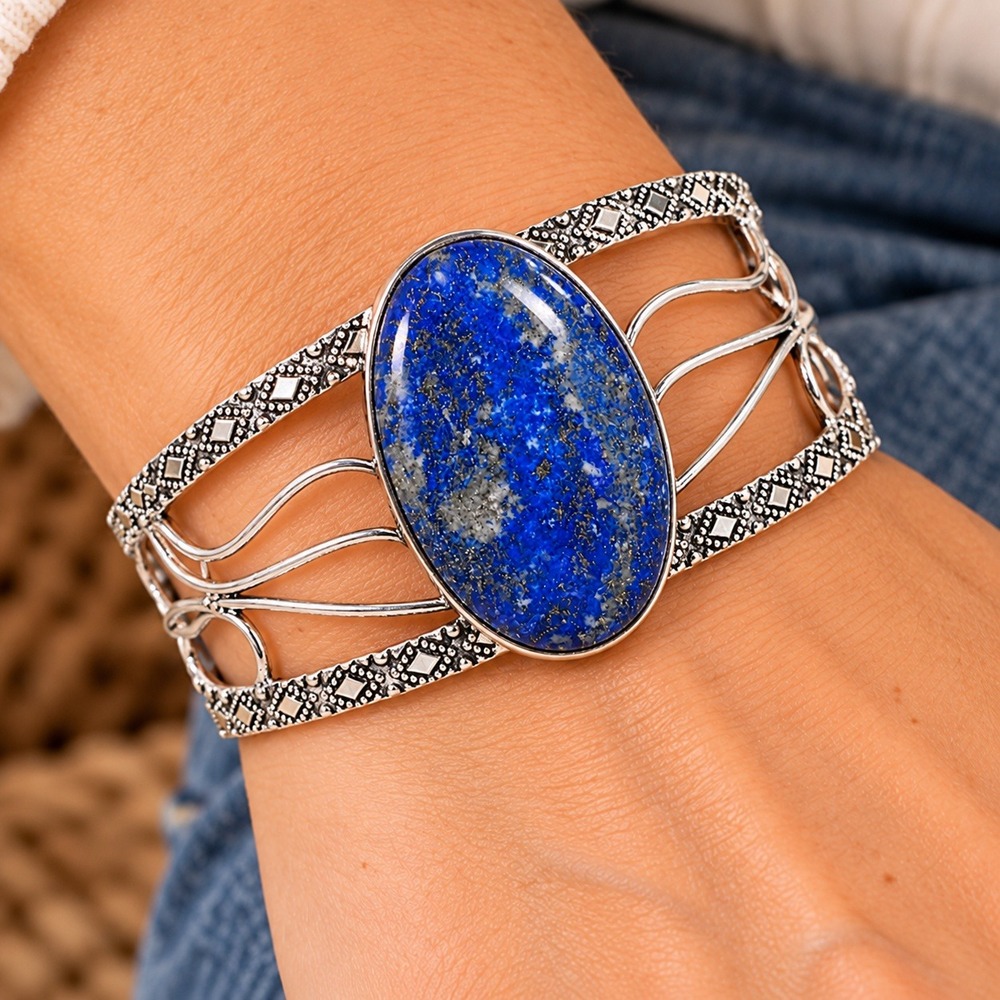 Silver Plated Huge Handmade Tibetan Lapis Lazuli Bangle 6.5" Cuff Bracelet Boho